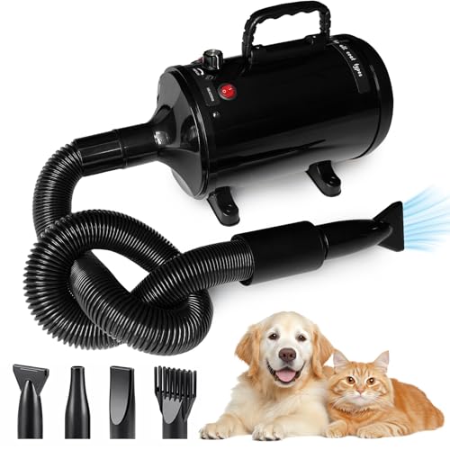 Soffiatore per Cani Asciugacapelli per Cani 2800W Phon per Cani Silenzioso Asciugatrice per Cani Velocità e Temperatura Regolabili Asciuga Cane Professionale Asciugatore per Cani con 4 Ugelli (Nero)