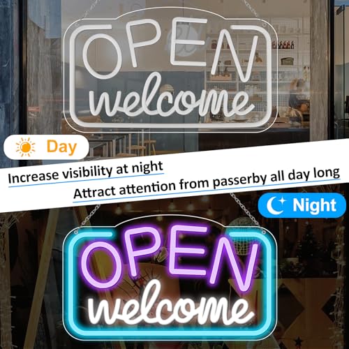 Image of Open Signs for Business, 16.9 inchX 9.4 inch Bright High Visibility LED Neon Open Sign Powered by USB with ON /OFF Switch, Adjustable Open Sign for Bar Shop Coffee Salon Hotel Store Walls Window Door Storefront (Purple)