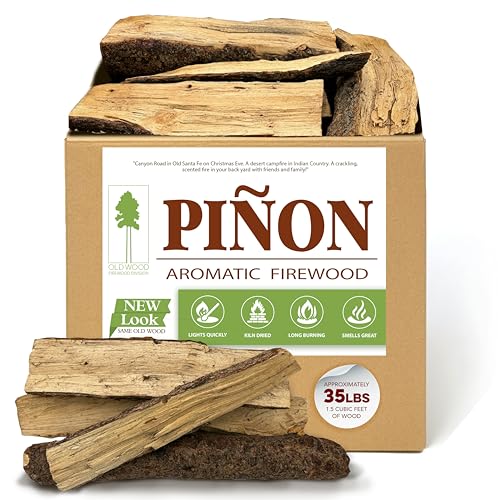 Old Wood Pion Firewood Approximately 35lbs Box - Aromatic Blend for Indoor and Outdoor Use 1.5 Cubic Foot Southwest Scent - Fireplace Fire Pit Ambiance - Box Packaging