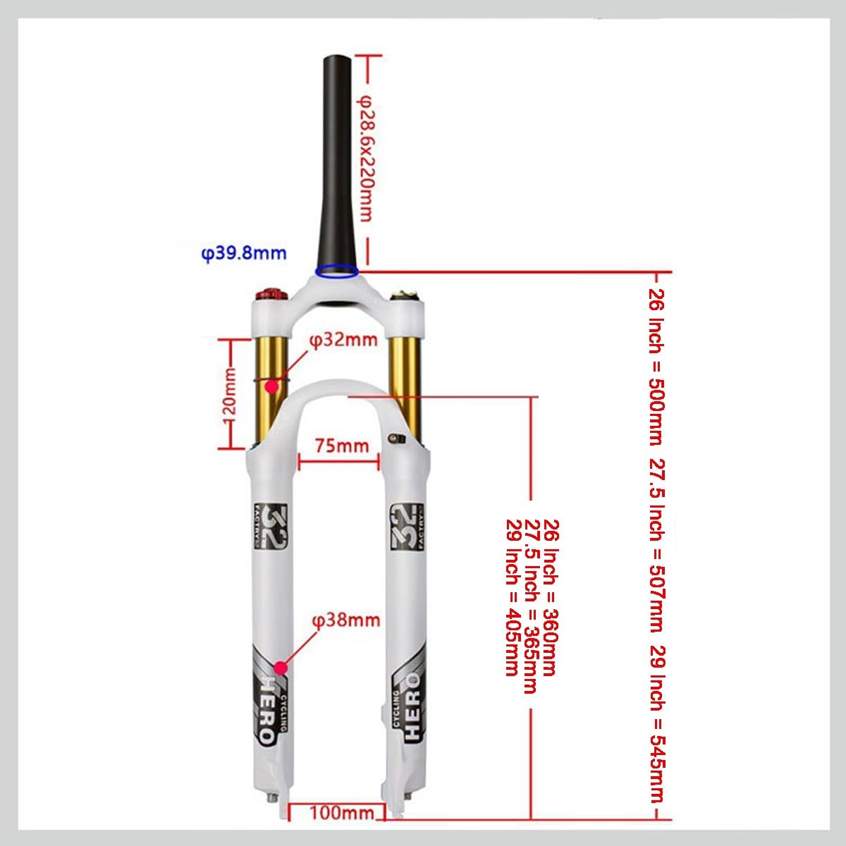 Horquilla Delantera para Bicicleta de montaña MTB de 26, 27.5 y 29 Pulgadas, suspensión neumática, Eje cónico QR de 1-1/2", 9 mm, Recorrido Abierto de 100 mm, Freno de Disco con co