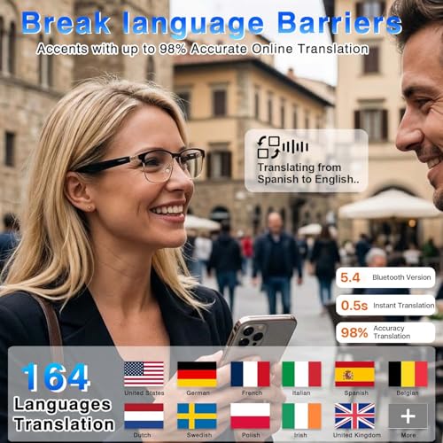 Image of Ai Translation Smart Glasses with Chat GPT & Deepspeek Bluetooth Glasses for Men Women with 154+ Language & Accents, Translation Glasses Color-Change Lens, Open Ear Lighweight Eyeware