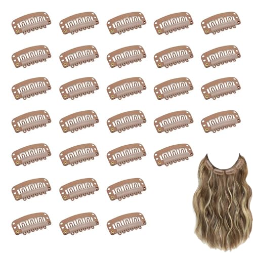 Votvlog 30 Piezas Extensión de Pelo Clips con Silicona en la Parte Posterior, Pinzas de Metal en Forma de U, 6 Dientes Snap Comb Peluca Clips para Sujetar Pelucas, Extensiones de Cabello DIY (Marrón)