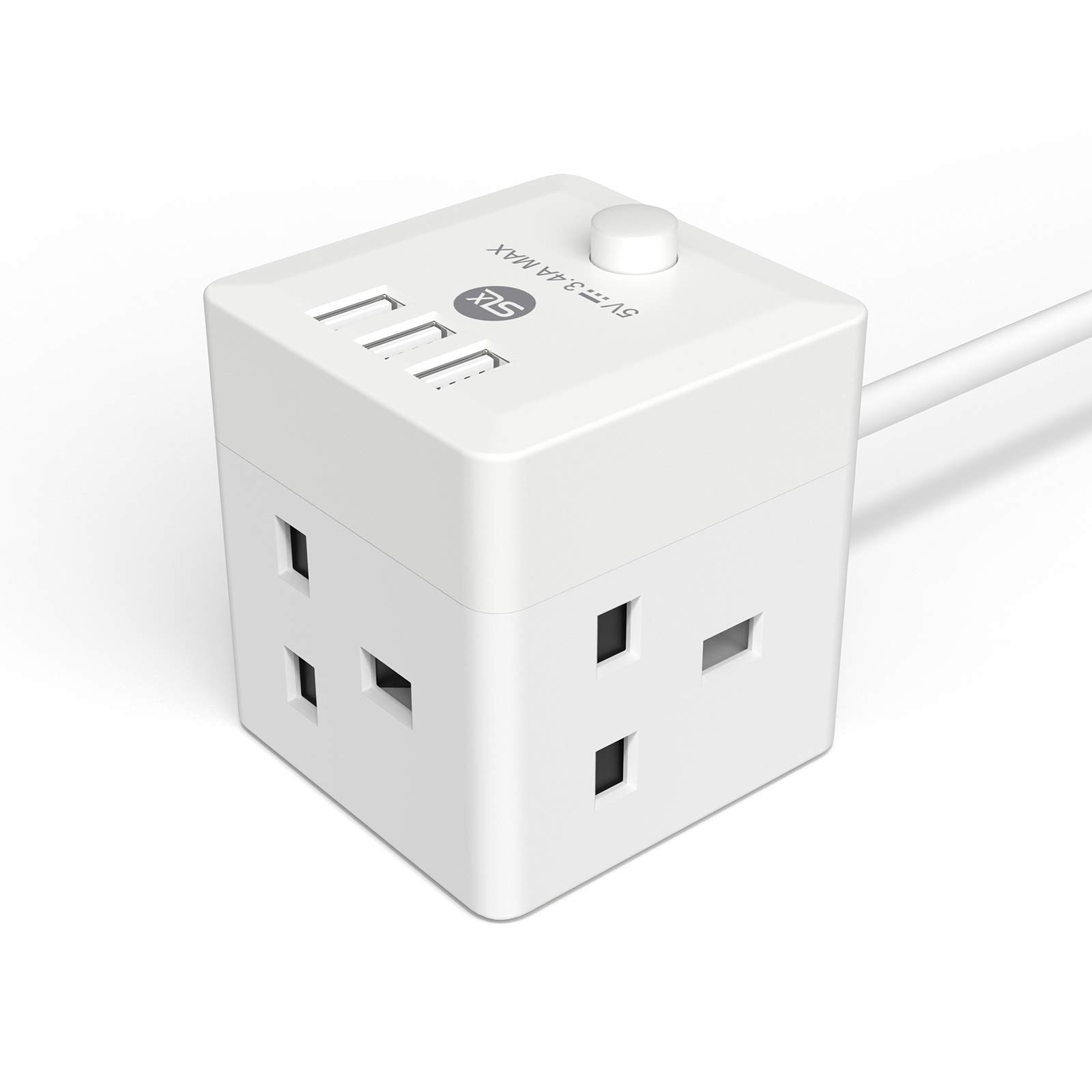 Extension Lead with USB Ports, SLx Cube 3 UK Socket Extension Lead Plug 1.8m Cable with 3 x USB Ports for Phone & Tablet Charging with On/Off Switch Home Office Accessories