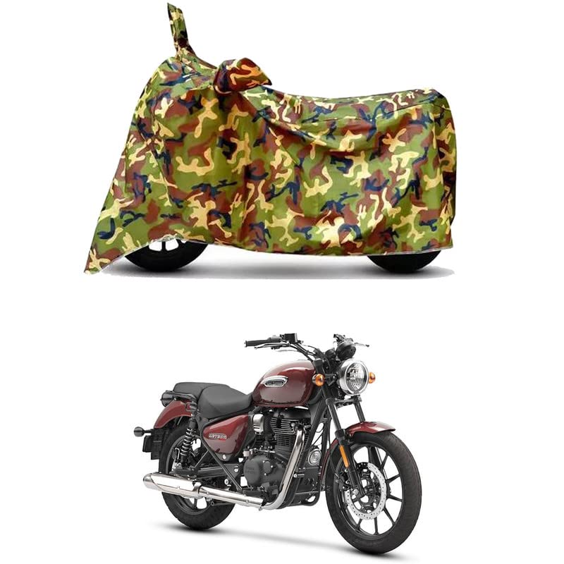 Image of Waterproof 100% PVC Coated Bike Scooty Two Wheeler Body Cover Compatible for Royal Enfie Meteor 350 ABS Custom /Heat Protection /Birds Dropping /Scratchproof /Dust Proof [6X6 Jungle Print]