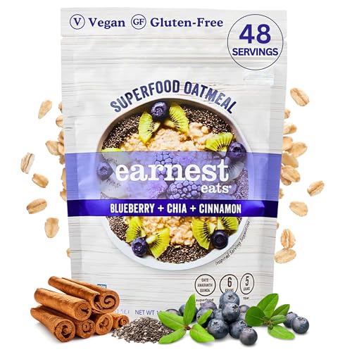Earnest Eats Superfood Oatmeal – Blueberry Chia Cinnamon – Vegan, Gluten Free, 5g Plant Protein, 4g Fiber, No Added Sugar, 48 Servings Total (6 Pack)