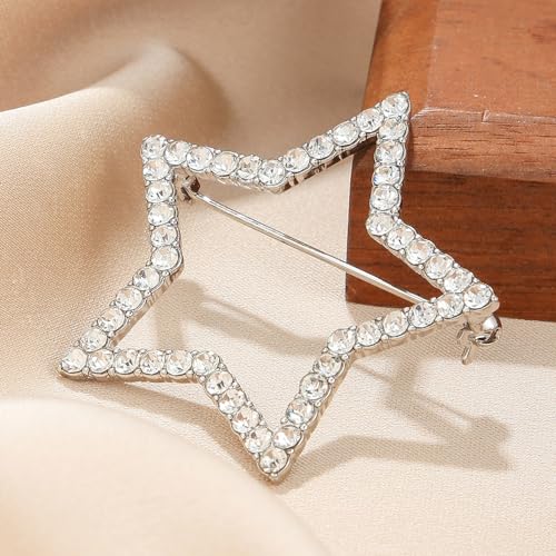 Image of Full Crystal Love Heart Brooch Pin Shining Rhinestone Hallow Heart Lucky Star Lapel Pin Sparkling Heart Pin Dainty Star Brooch Christmas Valentine's Day Gift Women Girls Wedding Party Ceremony Clothes Accessories