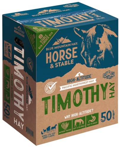 Blue Mountain Hay High-Altitude Timothy Hay, 50lb Easy Flake Box - Balanced Nutrition & High Fiber for Healthy Digestion and Weight - Ideal for Horses, Goats, Rabbits, Guinea Pigs & Other Small Pets