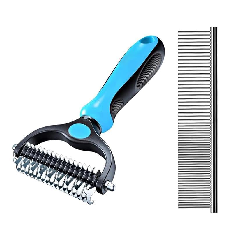 Pet Grooming Brush for Dogs & Cats – Stainless Steel Comb With Double-Sided Deshedding & Dematting Tool, Undercoat Rake for Short & Long Haired Pets (Blue)