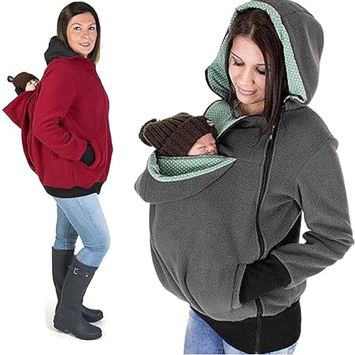 Image of 3 in 1 Multifunction Womens Maternity Kangaroo Jacket Hooded Sweatshirt for Baby and Mother Warm and Windproof Pregnant Woman Jacket Coat Hoodies Red