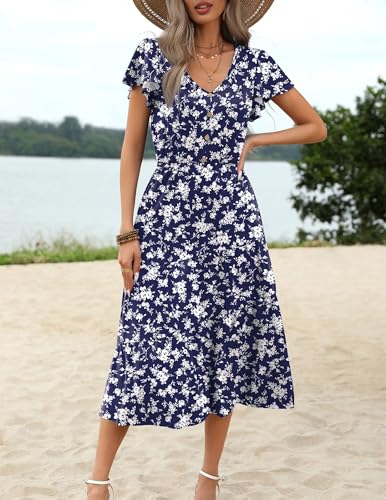 Image of Zeagoo Women's Summer Casual Dress Flutter Short Sleeve V Neck Button Down Tiered Flowy Long Dress with Pockets