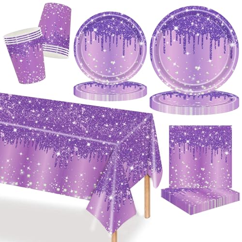 69P Juego de vajilla morada con diamantes brillantes, vasos morados, platos, servilletas, mantel, papel, piedras preciosas, juego de decoración de mesa de cumpleaños para hombres y mujeres, accesorios