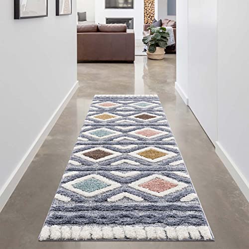 carpet city Teppich-Läufer Hochflor Flur - 80x300 cm - Boho-Chic Ethno Grau Multi - Cut-Loop, Hochtief, 3D-Effekt - Shaggy Teppiche Flauschig-Weich Schlafzimmer Langflor Bettvorleger