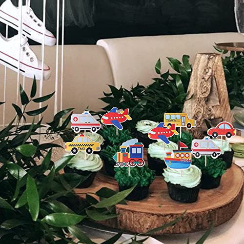 35 Pcs Transportation Cupcake Toppers Assembled Car Bus Train Ship Airplane Party Cupcake Picks For Travel Theme Baby Shower Kids Boys Girls Birthday Party Cake Decorations Supplies #TOP3