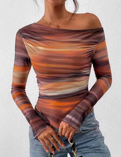 PRETTYGARDEN Womens Fall Trendy Off Shoulder Y2k Tops 2025 Tie Dye Mesh Long Sleeve Shirts Asymmetrical Ruched Floral Blouse2