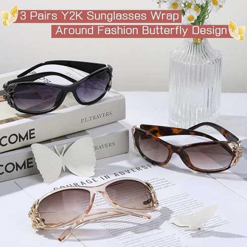 3 Pairs Y2K Sunglasses for Women, Fashion Wrap Around Butterfly Design Sun Glasses with UV400 Protection4