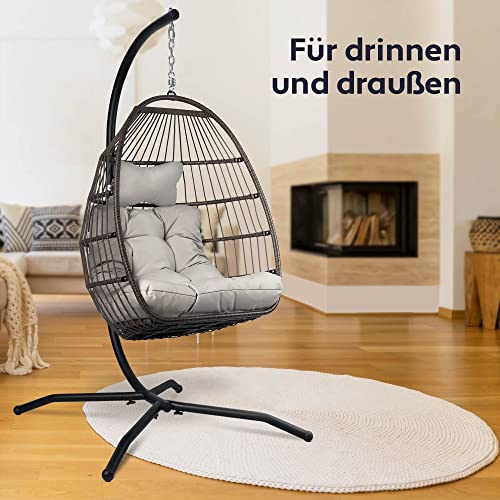 VITA5 Hängesessel mit Gestell - Bequemer Hängekorb Sessel - Rattan Hängesessel Outdoor und Indoor - Boho Egg Schaukel für Terrasse&Leseecke - 150 kg Tragkraft (Grau) 6