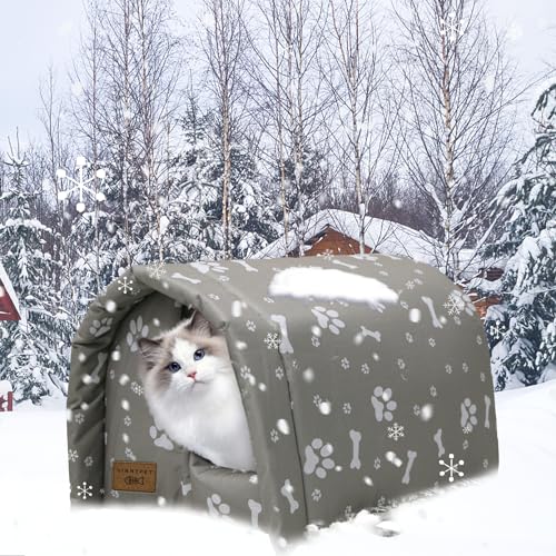 Vinnypet Katzenhaus Für Draußen Winterfest Wasserdicht Und Warm Faltbare Katzenhöhle mit Plüschkissen Weich Hundehöhle Tierheim Für Streuner Haustiere 54x42x36cm