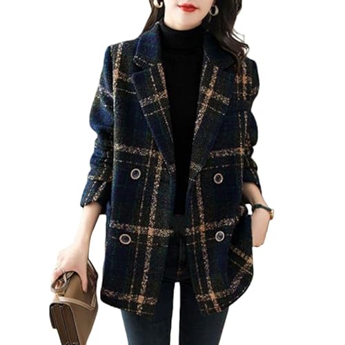 KIJSKKOPO Women Woolen Check Coat, Navy Blue Notched Lapel Double Breasted Tweed Blazer Jacket Winter Warm Long Sleeves Overcoat Elegant Business Work Pea Coat Navy Blue M