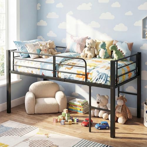 COSTWAY Lit Mezzanine 90 x 190 cm, Lit Enfant avec Échelles, Cadre de Lit en Métal, Barrières de Sécurité, Lattes Métalliques Robustes, Gain de Place,...