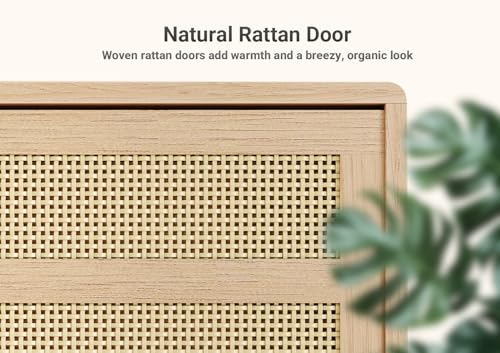 Image of Claiks Boho TV Stand for 70 Inch TV, Modern TV Console with 2 Rattan Storage Cabinets & Adjustable Shelf, Woven TV Stand for Living Room, Oak Color