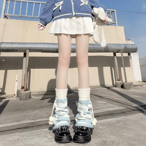 Grunge Kawaii Stylish Gothic Y2K Accessories Knitted Knee High Long Fluffy Balls Decor Striped Leg Warmers3