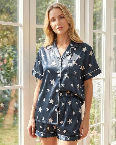 Image of HONGTEYA Pajamas for Women Set Silk Satin Pjs Lounge Shorts Set S-XXL