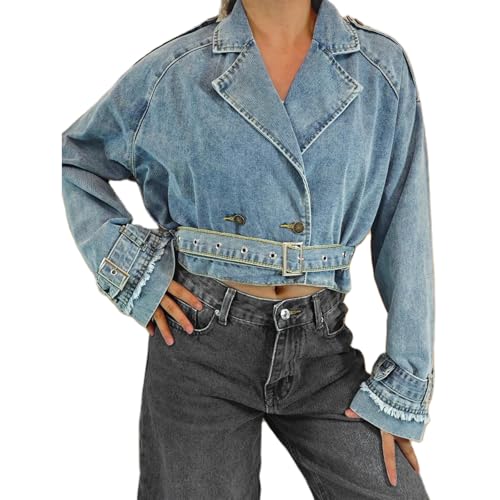 Giraropa Women's Cropped Denim Jackets Retro Lapel Neck Frayed Long Sleeve Tie-up Casual Office Jean Jacket Coats