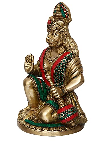 Image of eCraftIndia Golden Brass Handcrafted Blessing Lord Hanuman Idol with Mace - Auspicious Religious God Idol for Home, Office, Temple for Hanuman Jayanti Festival and Devotees