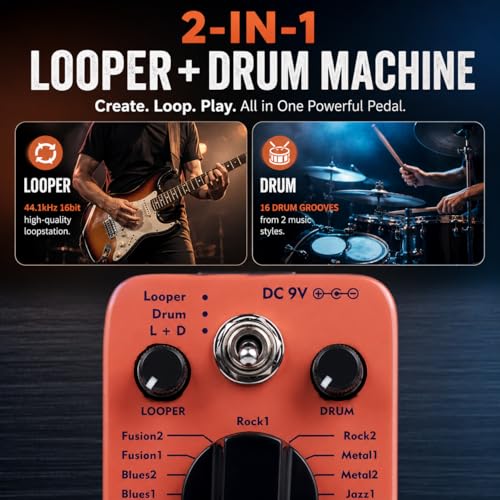 Image of AITONE Looper Pedal with Drum Machine 2 in 1 Loop Pedals for Electric Guitar 20 Minutes Looping 16 Drum Grooves 3 Mode True-Bypass AT-01