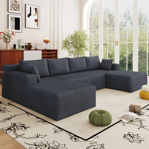 Image of 124 inch Boneless Cloud Couch Sectional Couches Sofa for Living Room | Modular U-Shaped Couch, Comfy Modern Corduroy Memory Foam Sofas with Deep Seat, Ottoman, Oversized Chaise (Dark Grey)