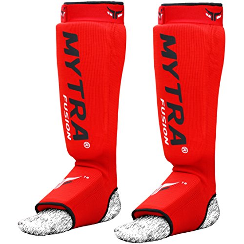 Mytra Fusion Shin Pads Instep Protector Kick Boxing Muay Thai Training Elasticated Shinpads (Red, L/XL)
