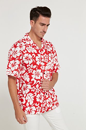 Image of Couple Matching Hawaiian Luau Men Shirt and Women Vintage Fit and Flare Dress in Classic Vintage Hibiscus