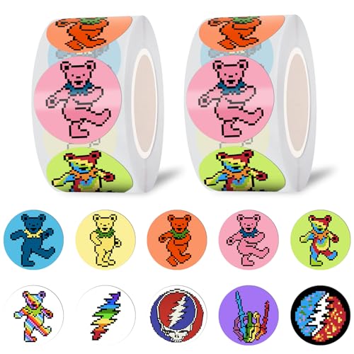 Babymiu Cute Pixel Dancing Bear Rock Dot Stickers Roll(1000 pcs) Rock Band Cartoon Sticker Decoration Decal Gifts Merch Party Supplies in 2 Rolls with 10 Patterns for Laptop Window Luggage Skateboard