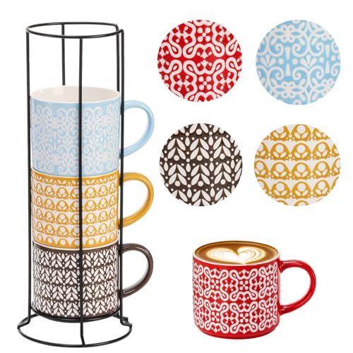 Hiceeden Set of 4 Stackable Coffee Mugs with Rack, 15 oz Colorful Ceramic Coffee Mugs with Metal...
