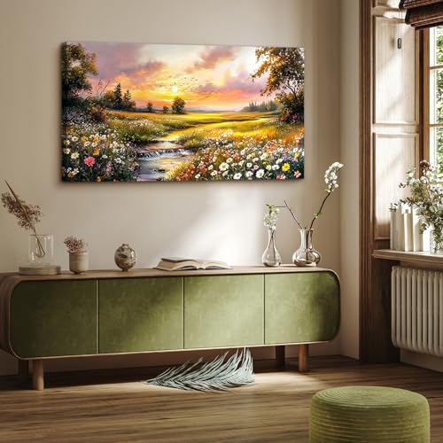 crmotu Country Landscape Wall Art, Riverside Wildflower Daisy Large Artwork, Vibrant Rural Canvas Art Prints, Sunset Aesthetic Rustic Farmhouse Wall Decor Living Room Bedroom Dining Room 24X48 In