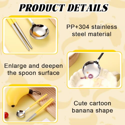 Image of Supvox Spoon and Fork Set with Case - Cartoon Banana Style Utensils Storage Case Spoon Box for Lunch Bag Yellow Handle Stainless Steel Utensils for School, Picnic, Outdoor, Office