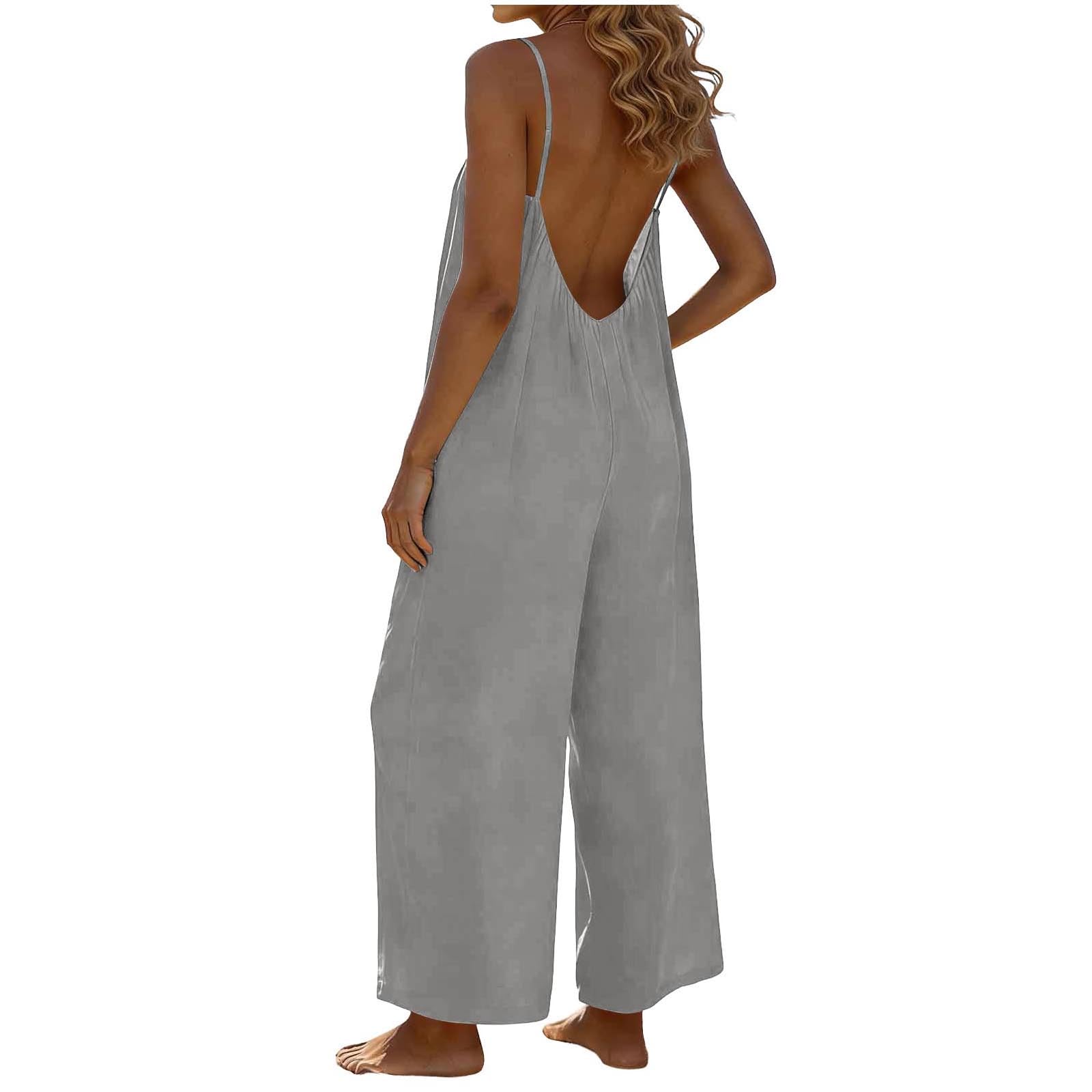 RLEHJN Jumpsuit Damen Sommer,Ärmellos Overall Lang Casual Hosenanzug Sexy V-Ausschnitt Spaghettiträger Romper Loose Fit Playsuit Elegant Einteiler Weites Bein Latzhose Freizeithose mit Taschen