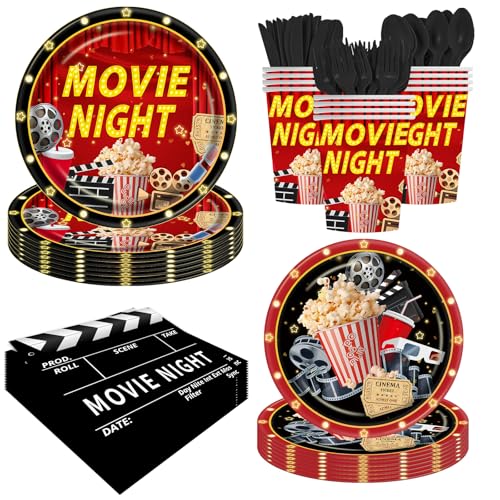 140pcs Movie Night Supplies, Now Showing Convenient Paper Tableware Set Birthday Decorations, Includes Dessert Plates Napkins Cups Forks Knives and Spoon for 20 Guests