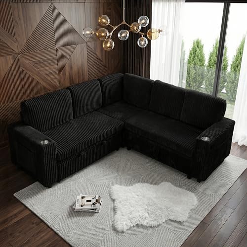 Image of Oversized Sectional Couch, L Shaped Corduroy Couch for Living Room, Sectional Sleeper Sofa with Pull Out Bed, Convertible Sofa Bed for Living Room, Bedroom and Apartment, Black