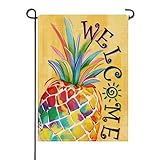 Artofy Welcome Spring Summer Pineapple Small Decorative Garden Flag, Gradient Pastel Fruit Yellow Yard Lawn Outside Decor, Seasonal Burlap Outdoor Home Decoration Double Sided 12 x 18