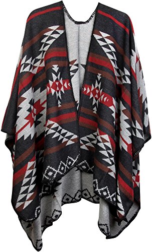 styleBREAKER Poncho con Motivo Azteco, Mantella, Poncho Reversibile, Donna 08010012, Colore:Nero-Grigio Chiaro-Rosso