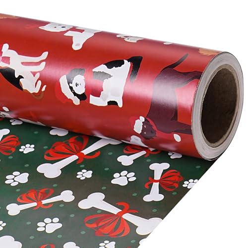 RUSPEPA Reversible Christmas Dog Wrapping Paper Roll, Mini Roll, Santa Dogs on Red and Bones & Paw Prints on Green, Holiday Gift Wrap for Dog Lovers, Christmas, Winter Party, 17 Inches x 16.4 Feet