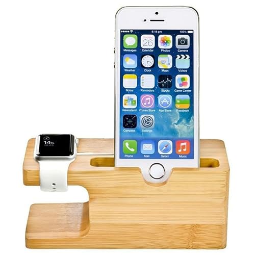 木製スマートフォン・アップルウォッチ充電スタンド, 140x60x60mm, 170g, 竹製 スマートウォッチ向け充電スタンド iPhone向け ホルダー デスク スマホスタンド スマホフォルダー 時計置き Android向け 携帯電話ブラケット デスク