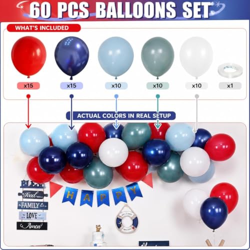 Image of HILAVO Red Blue White Balloons 60 PCS Navy Light Blue Red White Balloon | Baseball Nautical Birthday Party Britain Patriotic Labor Memorial Day 4th of July Independence Day Decorations
