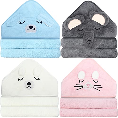 Image of Eccliy 4 Pack Baby Bath Towel Cute Animal Face Coral Fleece Baby Bath Towels Poncho Cape for Boy and Girl (Kitten, Puppy, Bear, Elephant)