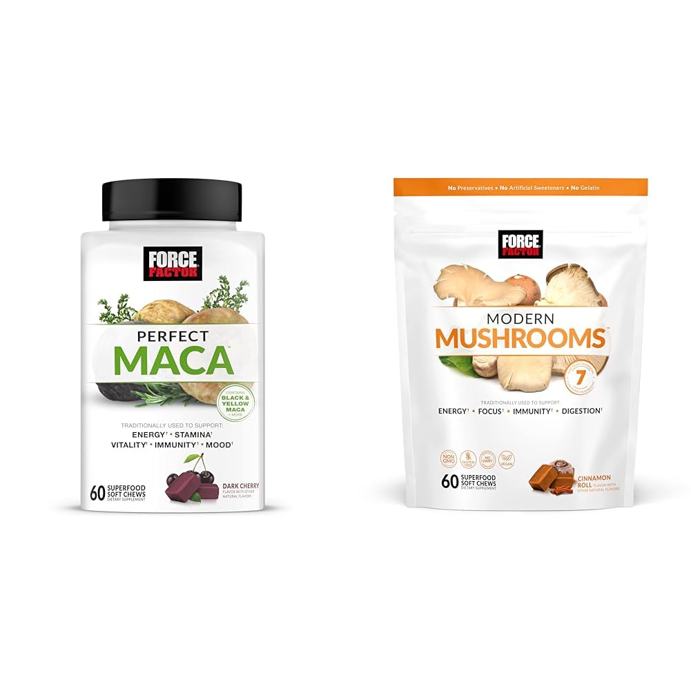 Force Factor Maca & Mushroom Supplements with 7 Mushrooms, Maca Root, Vitamins, 60 Soft Chews Each