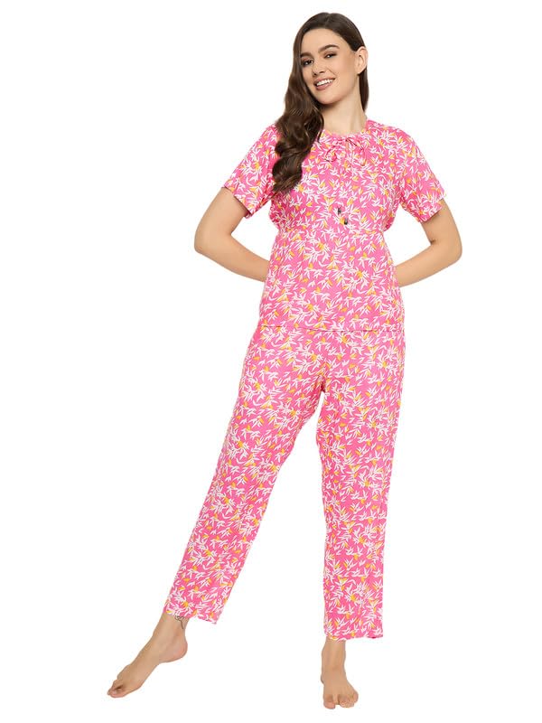 Image of Clovia Women's Rayon Printed Top & Pyjama Set- Pink