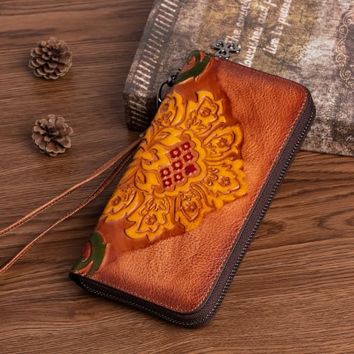 Women Long Wallet Vintage Embossing Ethnic Style Card Holder Genuine Leather Clutch Large Capacity Multi Pocket Purse3