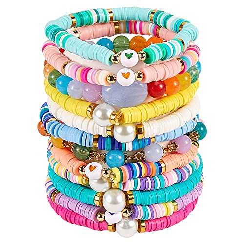BEEFLYING 12pcs Heishi Surfer Armbänder Flache Tonperlen Stretch Bohemian Armreif Für Frauen Cover