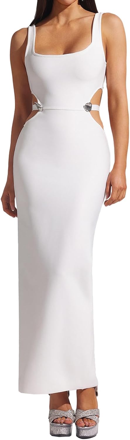 BELLA BARNETT White Bangdage Spaghtti Strap Wedding Guest Dress Elegant Maxi Square Neck Sleeveless Gala